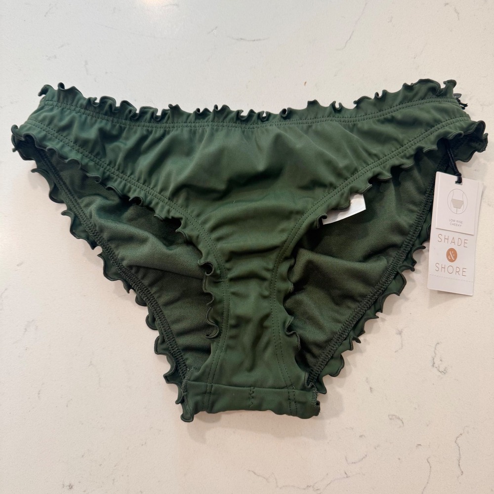 Shade & Shore Hunter Green Ruffle Trim Ruched Back Cheeky Bikini Bottom XS NEW